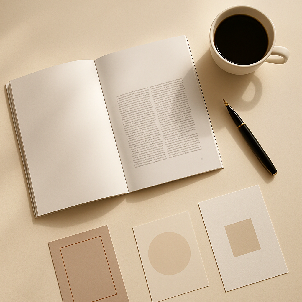 Editorial creative workspace with a magazine spread, pen, and coffee